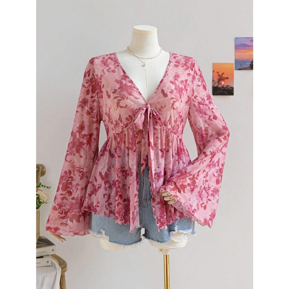 Top damski z dekoltem w serek, z nadrukiem w stylu wakacyjnym, z luźnymi rękawami rozszerzanymi