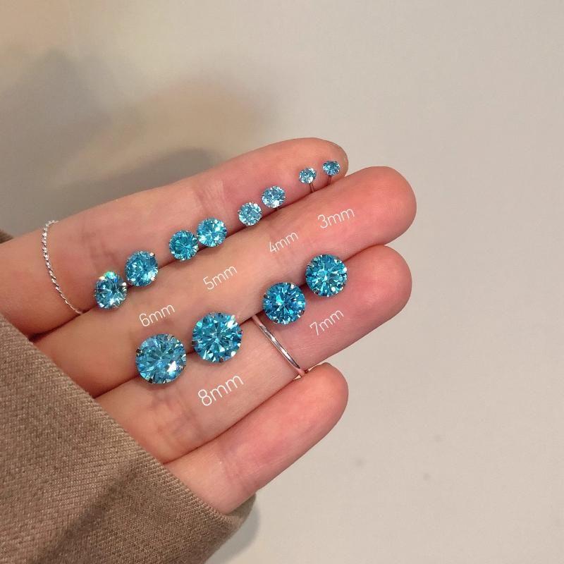 

999 Silver Needle Sterling Silver Ear-Caring Sea Blue Grade A Zircon Stud Earrings Minimalist Otica Nail Niche Style Otica Sweet Fancy 6mm Blue Diamond (single)