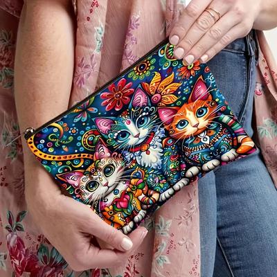 Boho mačka a kvetinová kozmetická taška so zipsom na bezpečné zapínanie Ľahký multifunkčný cestovný organizér na kozmetiku pre ženy Cestovná taška na make-up
