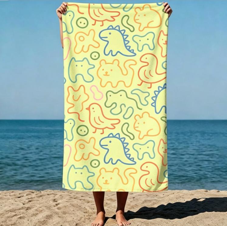 Large Microfiber Beach Towel, Whimsical Doodle Animal Art, Sand Free Quick Dry, for Vacation & Cute Style Lovers