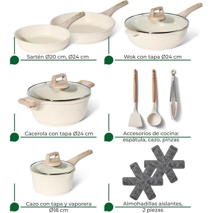 Batterie De Cuisine Induction 13 pièces JUST PERFECTO - Set De Casseroles Et Poeles - Tous Feux Dont Induction - Aluminium - Beige
