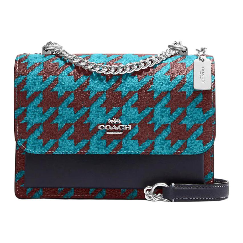 

Coach Klare 18 Silver Logo Flap Houndstooth Print Snap Canvas And Leather Square Crossbody Shoulder Bag Small Women bags Blue Brown CJ678-SVVRX Basic Set (Bag+Dust Bag)