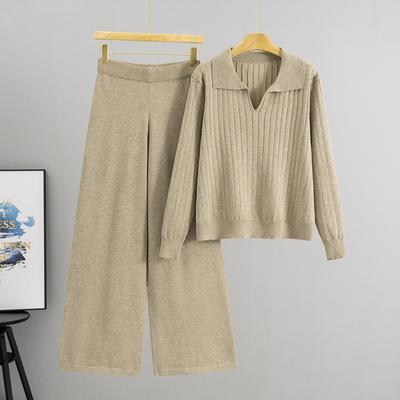 New Spring and Autumn Fashion Lapel Pout Sweater Set, Short and Versatile Women's Knitted Top, Wide-leg Pants