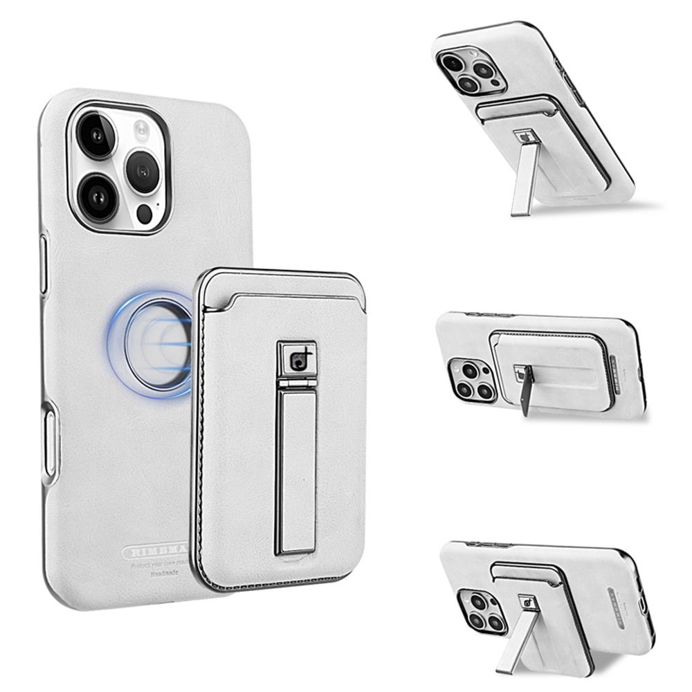 

For iPhone 16 Pro Case with Card Holder Kickstand Leather Texture PC Matte Phone Cover Electroplated E