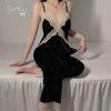 Women's Velvet Silver Foil Push Up Padded Cami Sleep Dress with Robe Lounge Set