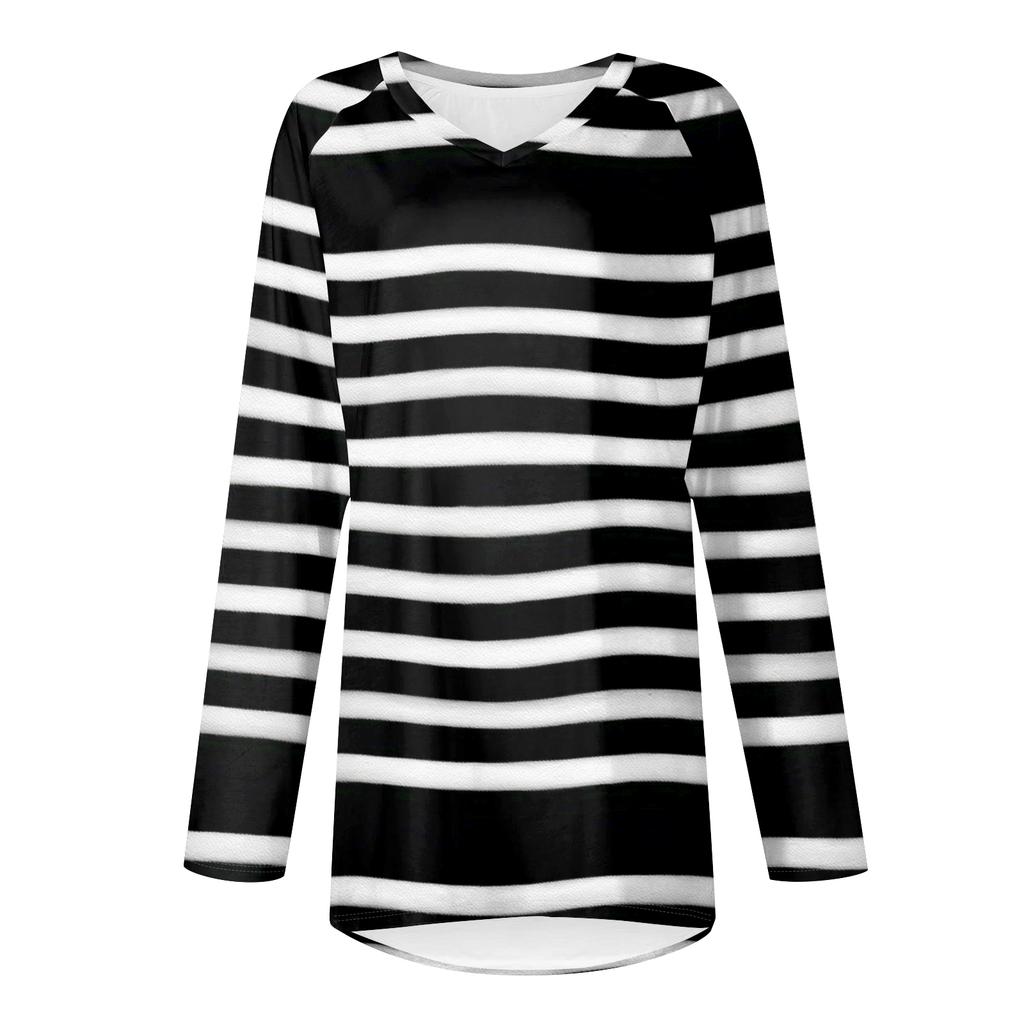 Women's Fashionable Casual Long-Sleeved Striped Print V-Neck Mid-Length Top