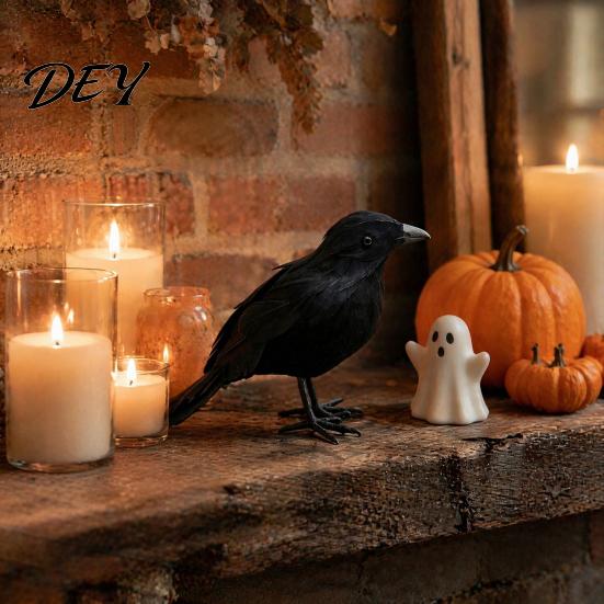 Simulated Feather Animals Realistic Black Crow Halloween Decor, Lifelike Feathered Raven Figurine Prop Bird Figurines for Haunted House, Artificial