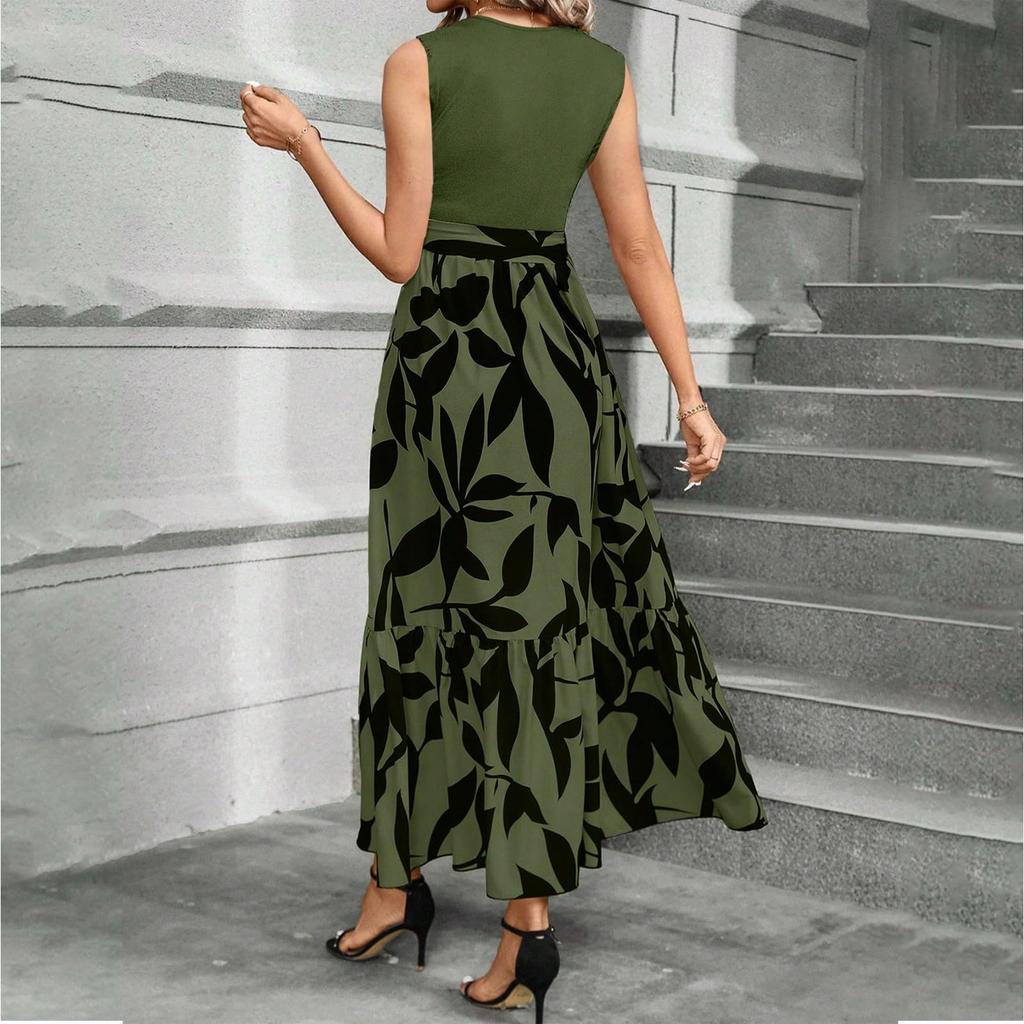 Women's Floral Print High Waist Fashionable And Elegant Sleeveless Dress