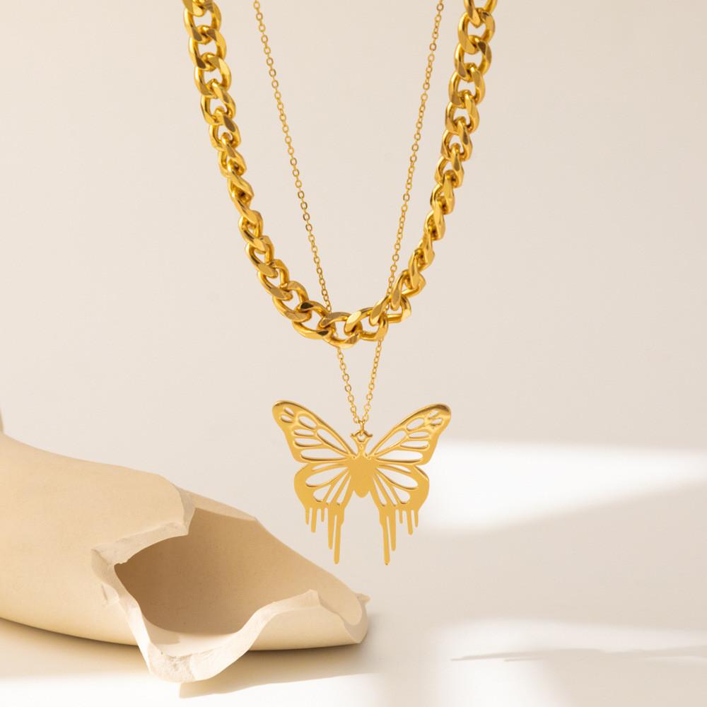 Creative Double Layer Butterfly Pendant Necklace In Gold Silver And Black For Women