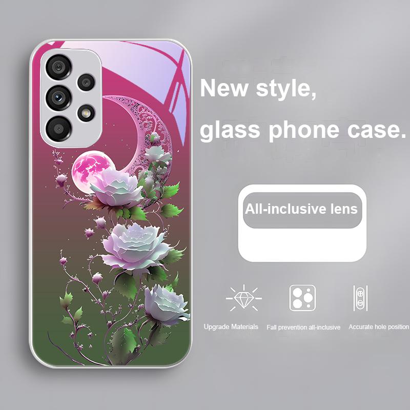 Full Moon Rose Blue For Samsung Galaxy Note 8 9 S10 Plus S20 S21 FE S23 Ultra A70 72 73 50 51 52 53 Tempered Glass Phone Case