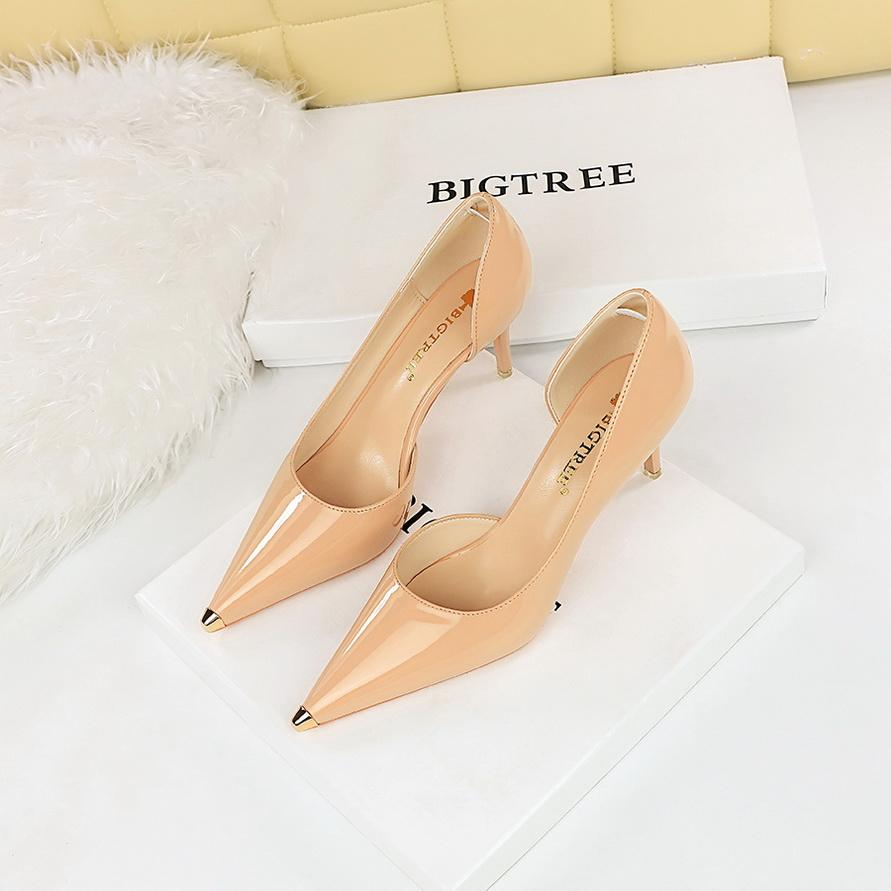 Fashion Women Classic 7cm 10.5cm High Heels Sexy Club Metal Cap Toe Pumps Lady Fashion Orange Red Kitten Low Heels Glossy Leather Shoes
