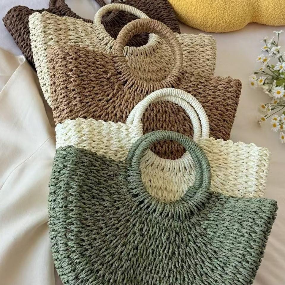 Stylish Handmade Straw Bag, Solid Color Large Retro Beach Portable Tote Bag for Women