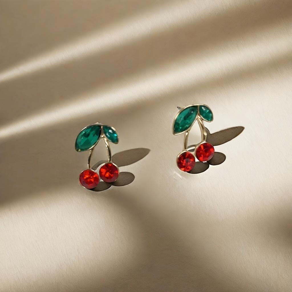 A Pair of Elegant Cherry Earrings, Inlaid with Sparkling Stone Decoration, Zinc Alloy Material, Suitable for Women's Fashion Wear