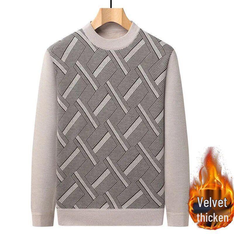 Men's Plus Velvet Thick Knit Sweater - Round Neck, Warm, Loose Fit, Perfect for Middle-Aged & Elderly