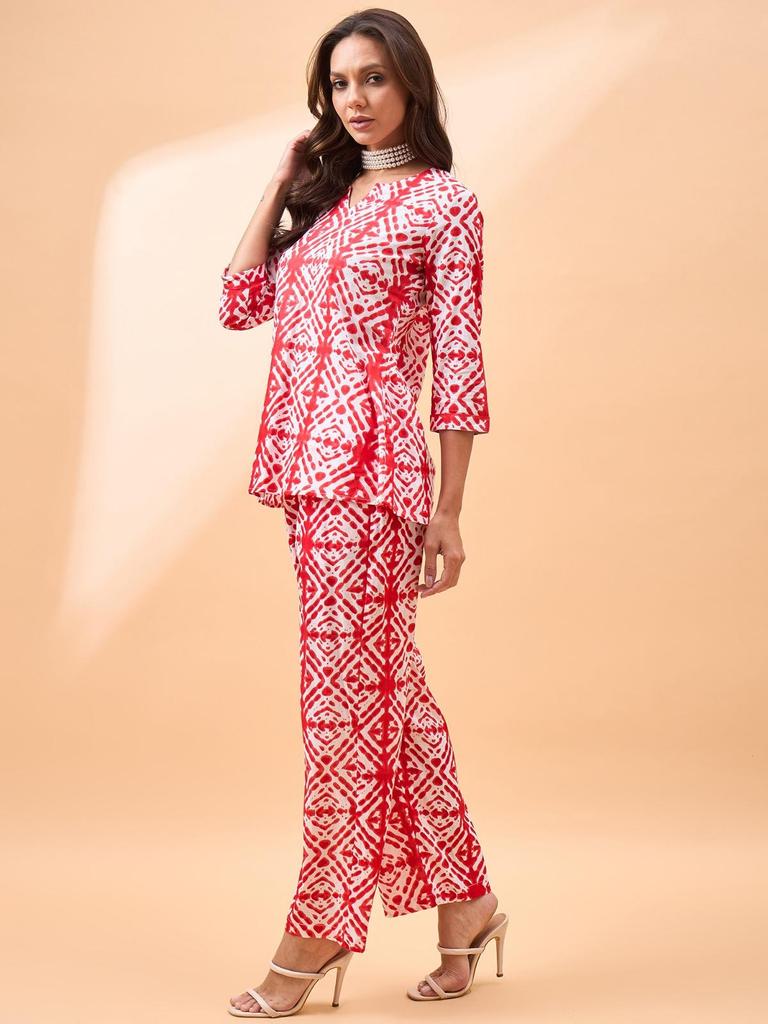 Geometric Printed Pure Cotton Notch-Neck Top With Trousers Co-Ords In Pink Color