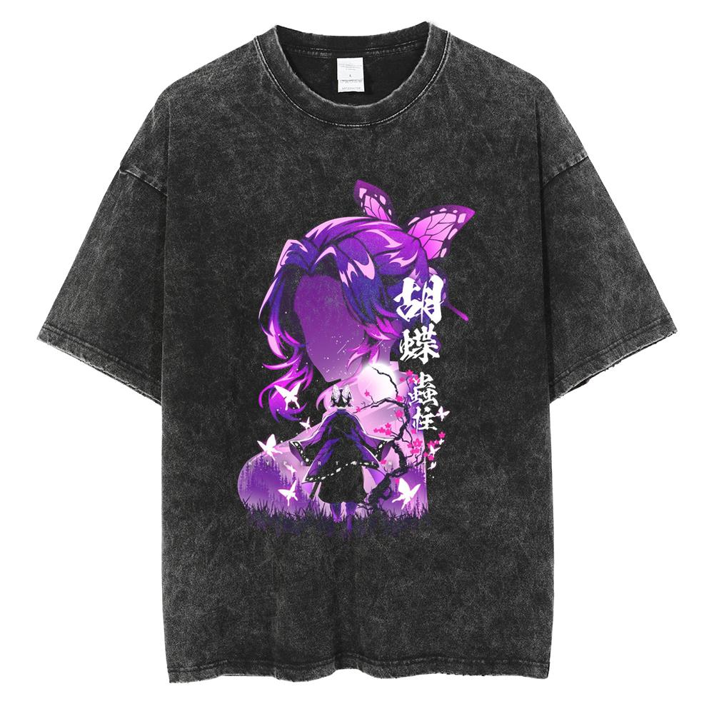 Tanjiro You Bean Shanyi Pattern T-shirt Men's Washed Cotton T-shirt Anime Devil Killer Daily Street Dressing