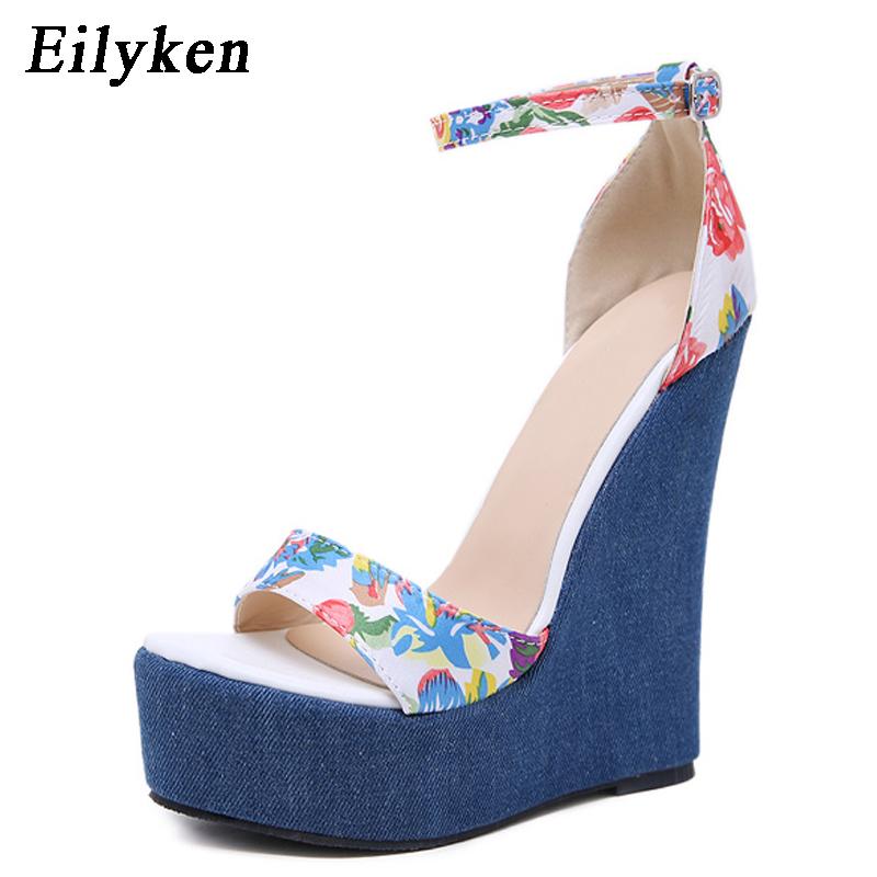 Fashion Designer Print Denim Sandals Woman Roman Wedges High Heels Peep Toe Platform Shoes Zapatos De Mujer