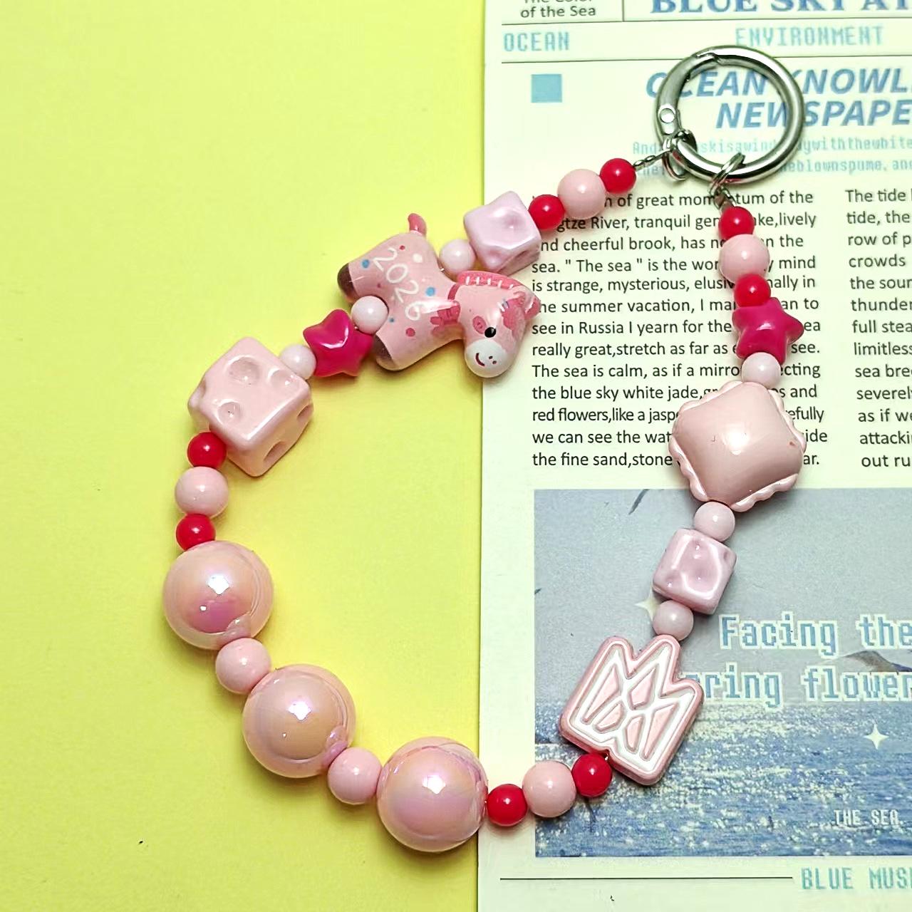 

Dopamine Cartoon Pony Color Block Cheese Cube Beaded Phone/Keychain Lanyard рожевий