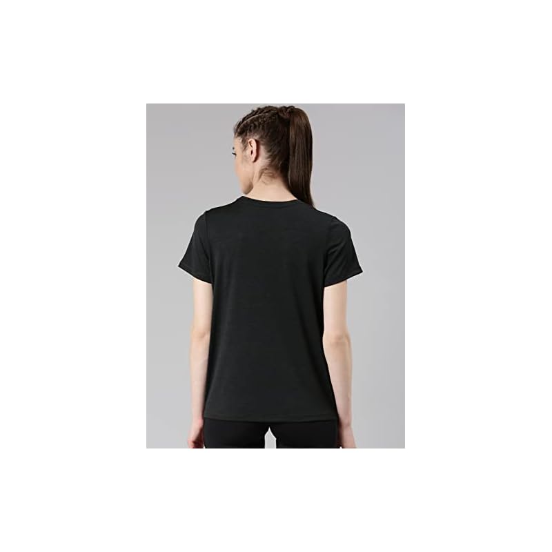 Enamor Dry Fit Antimicrobial Crew Neck Workout Tee for Women with Reflective Graphic(A309_BLACK MELANGE ACTIVE REFLECT
