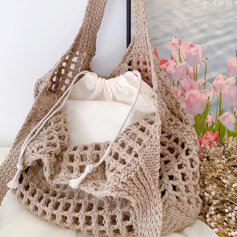 New Large Capacity Shoulder Composite Bag Weave Beach Vacation Handbags Women Knitted Hollow Out Tote Bags