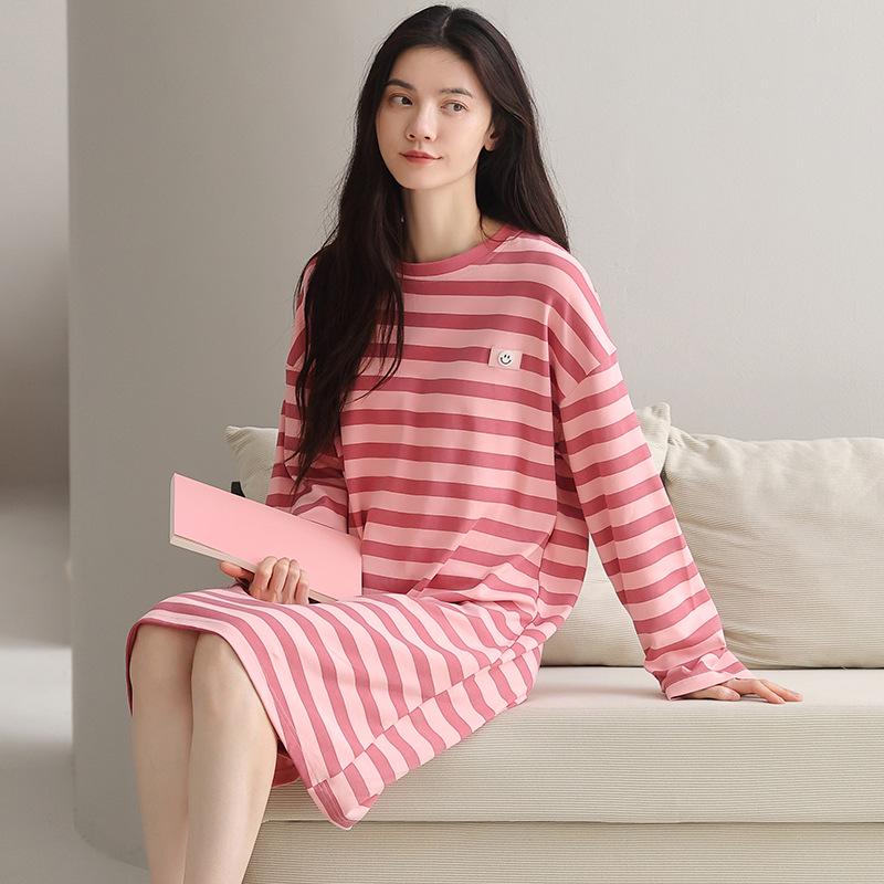 Damen Süßer Stil Langarm Mittellang Baumwoll-Nachthemd für Herbst