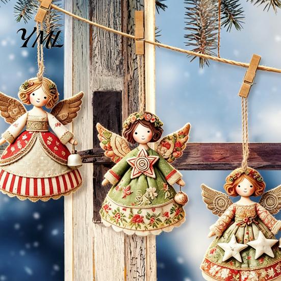 Interior Door Frame Decorations 6Pcs Vintage Angel Wooden Ornaments, Christmas Hanging Decor Set Home Wall Accents with Jute String, Rustic