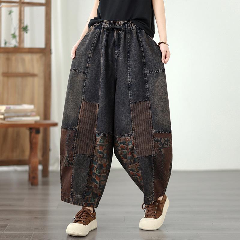 Retro Tie-Dye Plus Size Patchwork Denim Dad Pants with Elastic Waist Medium