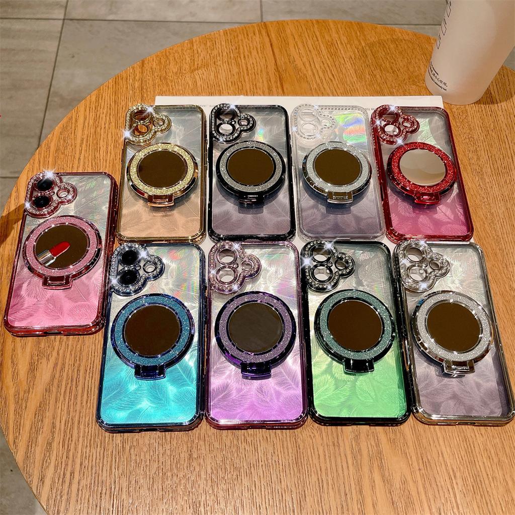 Applicable To IPhone16promax Rhinestone Mirror Magnetic Suction Bracket Mobile Phone Case Apple 13/14/15 Protective Case