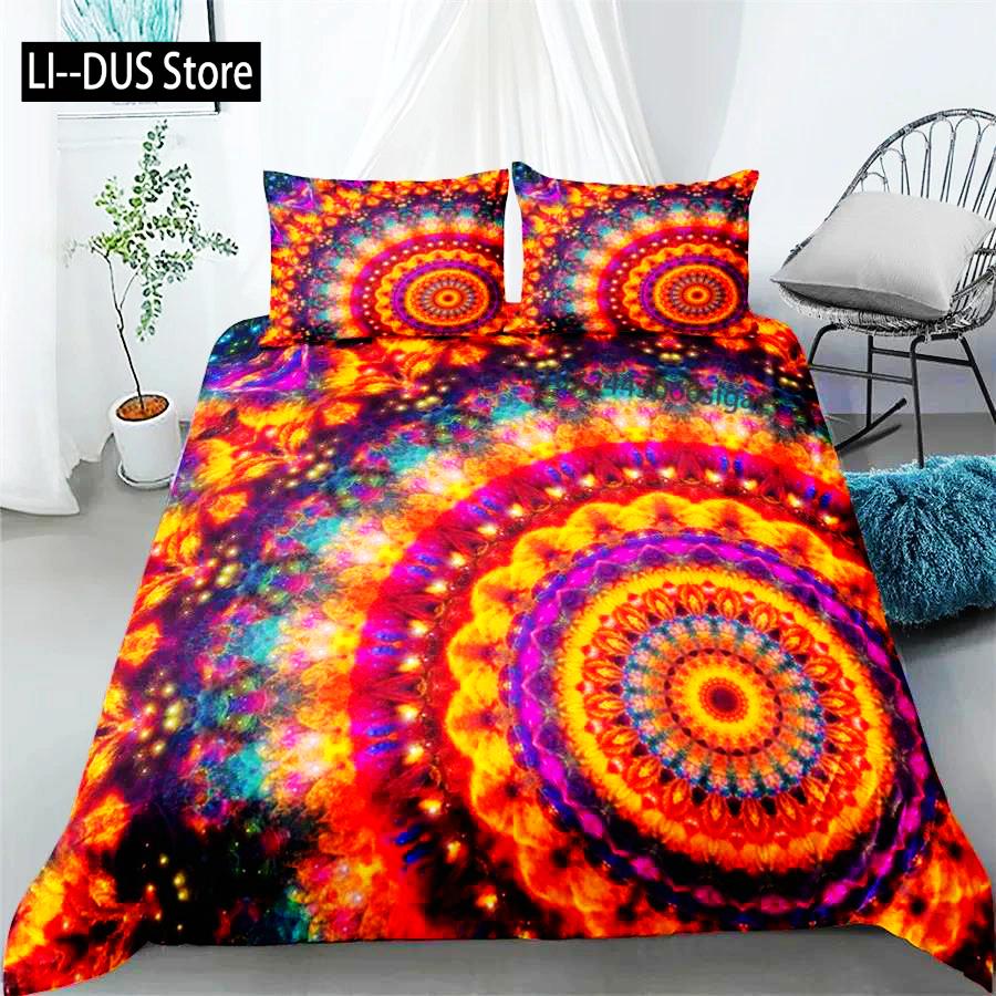Conjunto de Capa de Edredom Mandala Roupa de Cama Boêmia Azul Rosa Elegante Boêmio Romântico King Poliéster Capa de Edredom Capa de Edredom Fronha