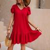 2026 V-Neck Solid Color Loose Casual Short-Sleeved Dress