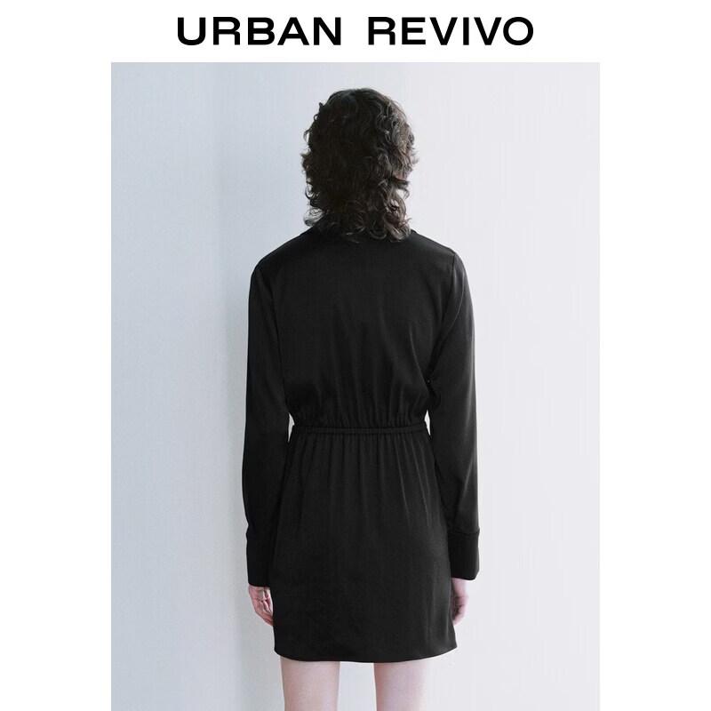 UR Autumn Elegant Pleated V-Neck Long Sleeve Dress