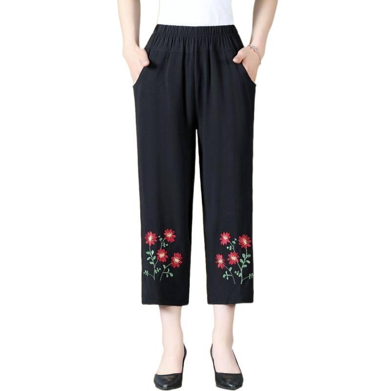 Women's Summer Elastic Waist Embroidered Pants - Perfect for Mother's Day and Grandma's Wardrobe