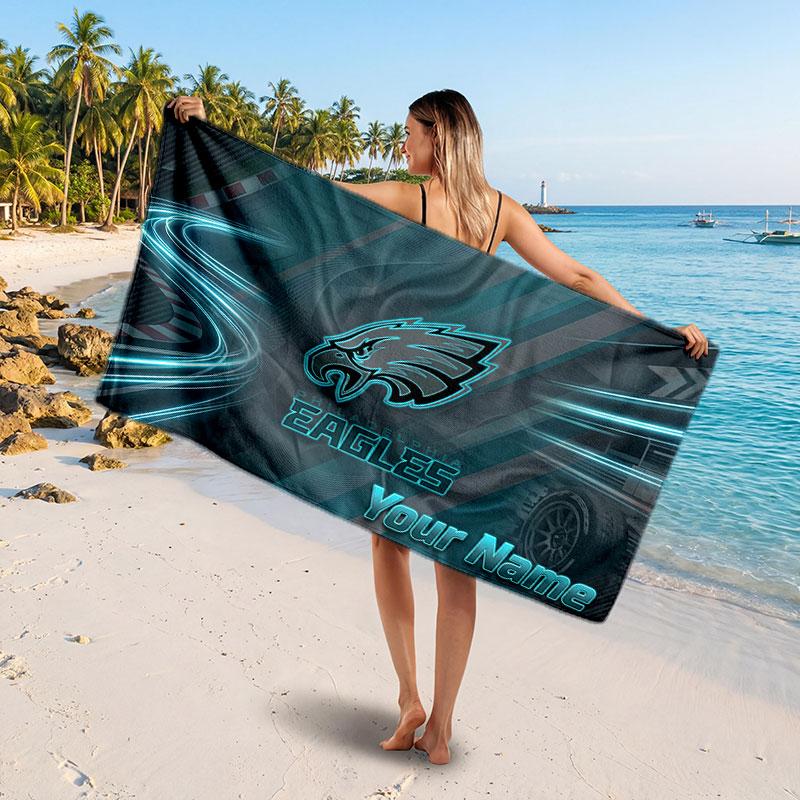 Philadelphia Eagles Customized Name Text Beach Towel, Soft Absorbent Towel Beach Pool Travel Personal Gift