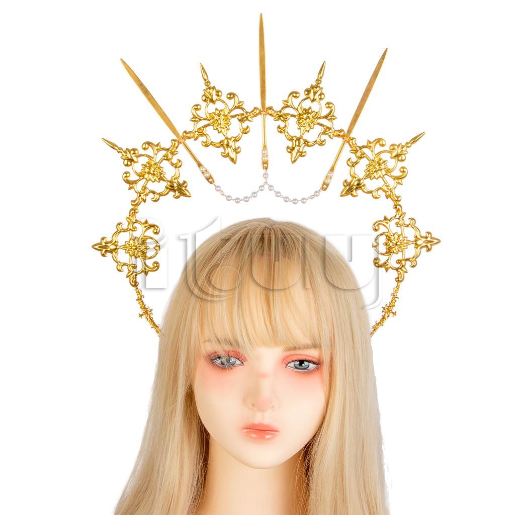 Lolita Vintage KC Headband Angel Gold Halo Goddess Headpiece Virgin Mary Halo Bride Crown Bead Chain Baroque Tiara Headwear