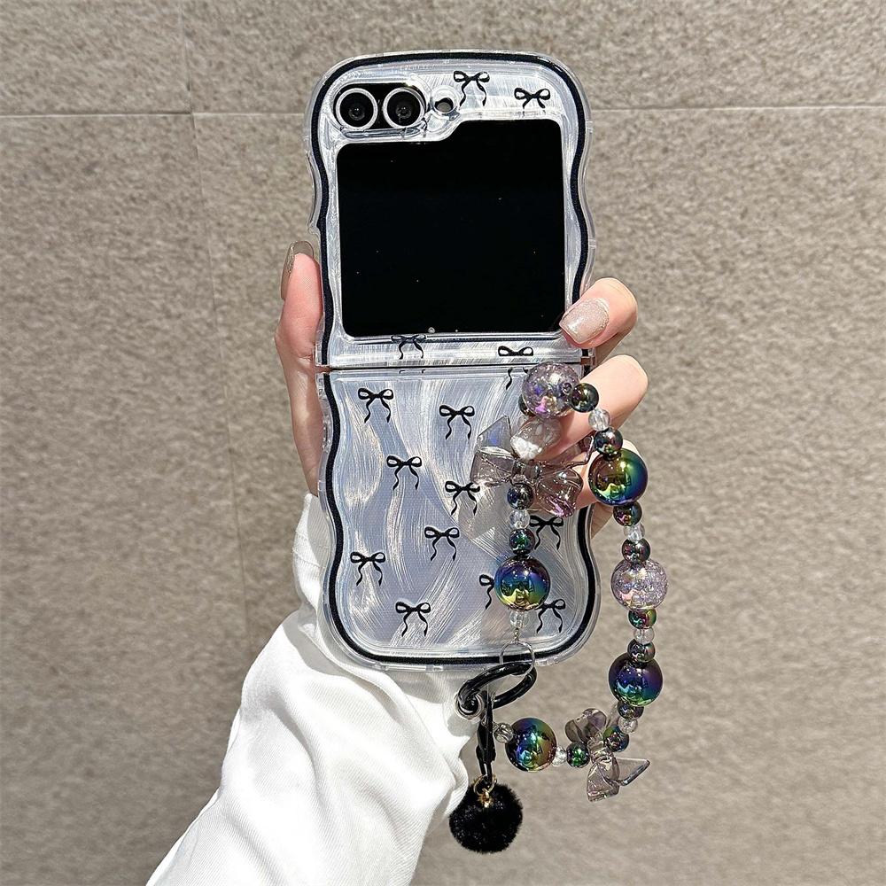 

Корейский милый волнистый чехол с бантиком для Samsung Galaxy Z Flip 6 5 4 3 с цепочкой, силиконовый, милый чехол Flip6 Flip5 Funda Galaxy Z Flip6