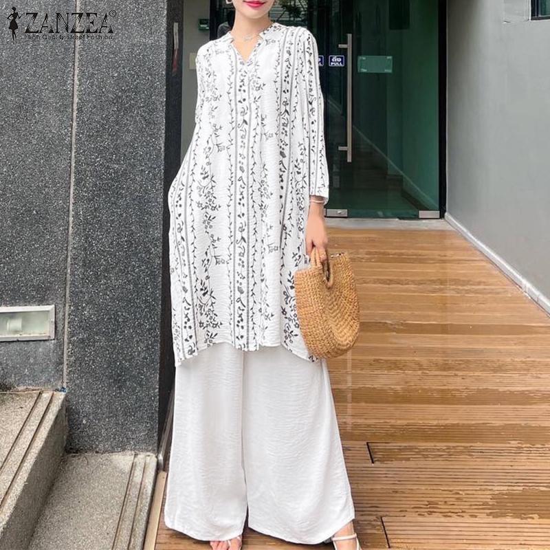 ZANZEA Women Print Long Blouse and Pants Casual Two Piece Suit Sets