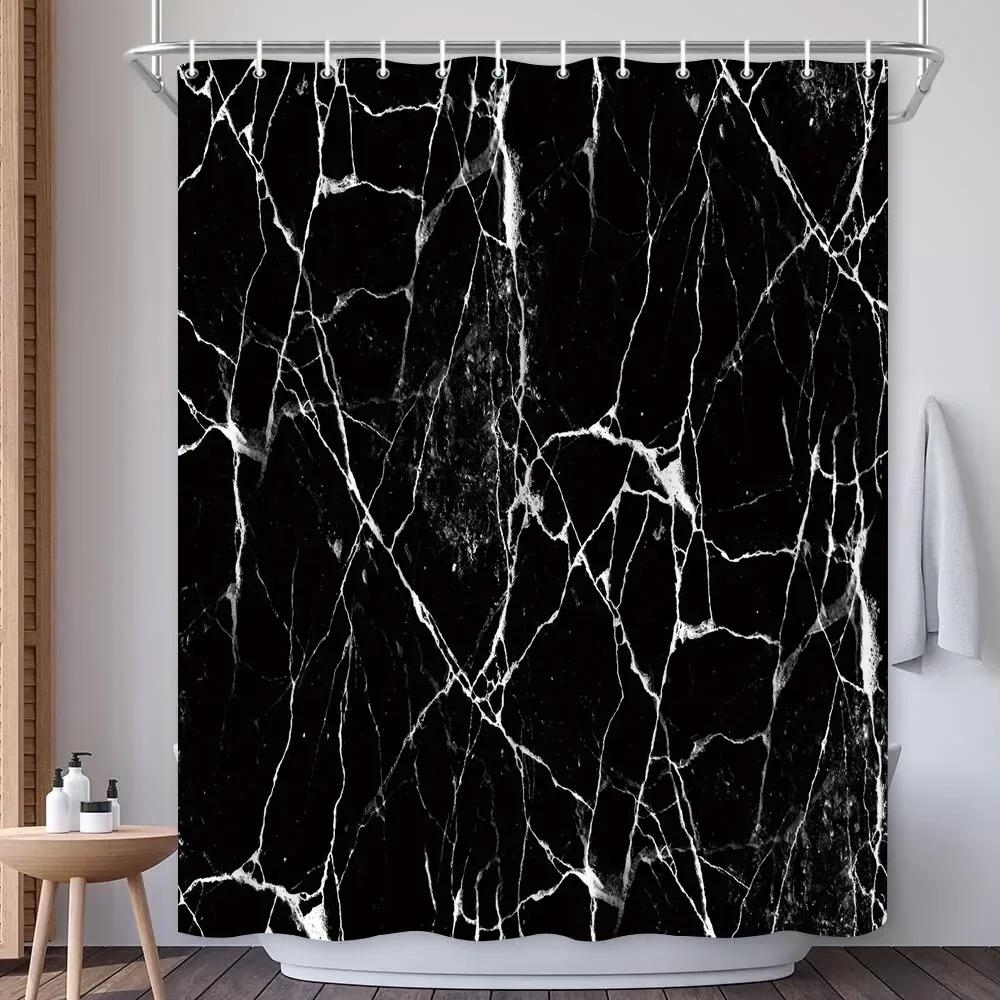 Abstract Navy Blue Gold Marble Shower Curtain Modern Luxury Golden Cracked Lines Fabric Bathroom Curtain Fashion Decor with Hook