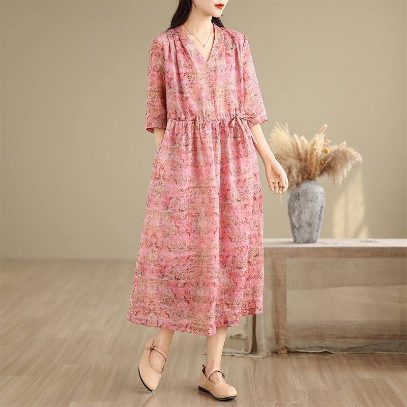 2026 Cotton Linen V-neck Lace-up Plus Size Elegant Summer Dress