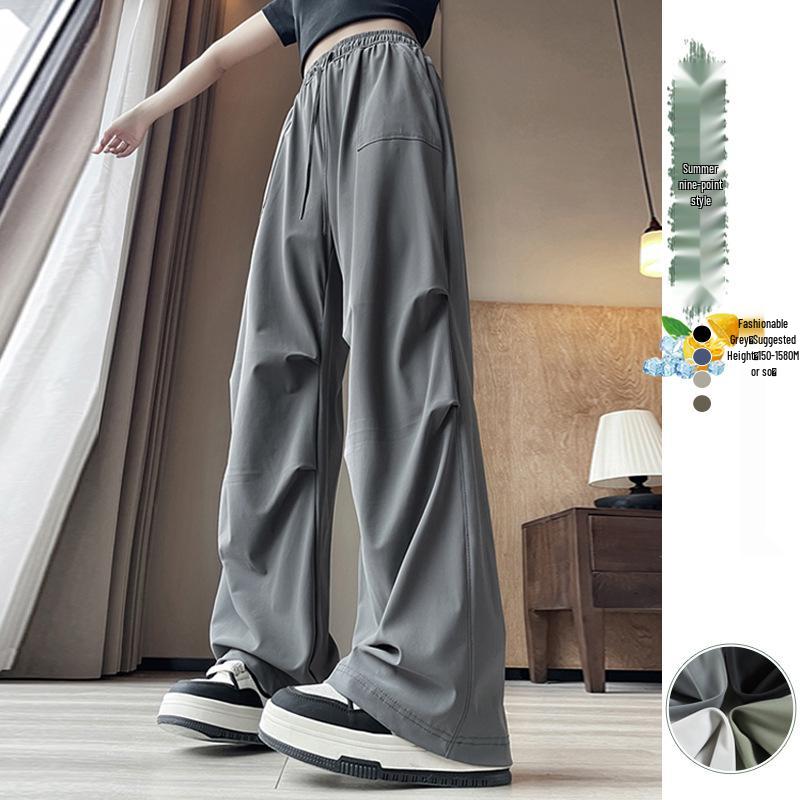 

Женские спортивные брюки с широкими штанинами из ледяного шелка с быстрой сушкой 2025 - Летние тонкие дизайн с прямыми штанинами L