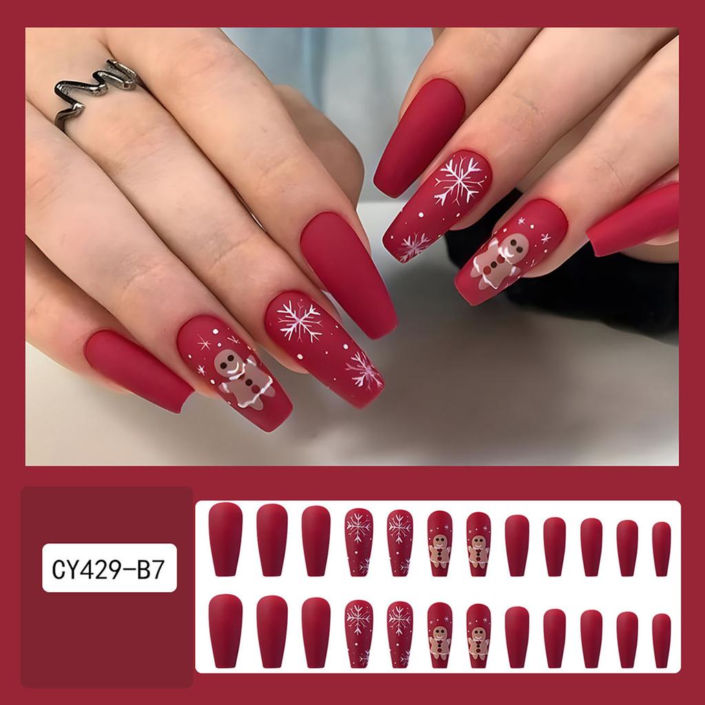 Christmas Red Fake Nails with Snowman Printed Natural Unbreakable Nail Simple Wear for Daily and Parties Wearing