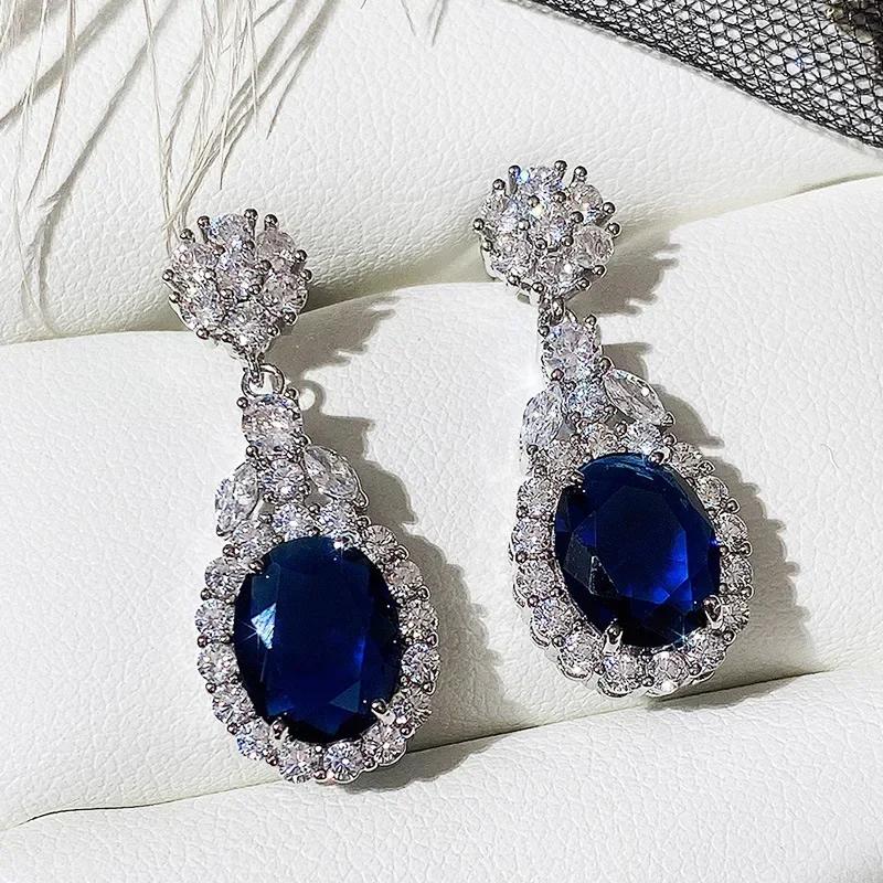 Royal Blue Zircon Oval Earrings Fashionable High-End Design Accessories for Banquets Personalized Simple Zircon
