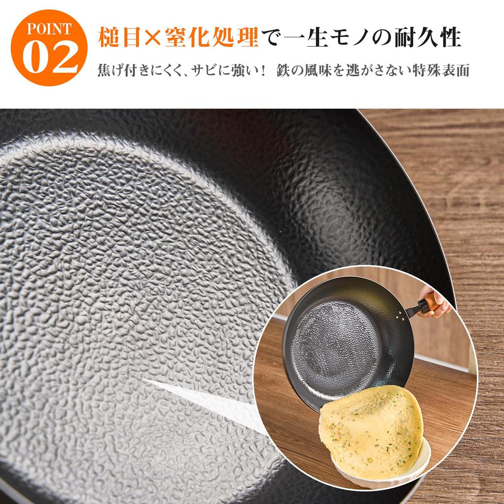 WANGYUANJI Iron Frying Surface Induction Glass Natural Wood for and Pan, 28cm, Deep, Nitrided, Non-Stick, Rust-Resistant, Treated, Compatible, Lid,