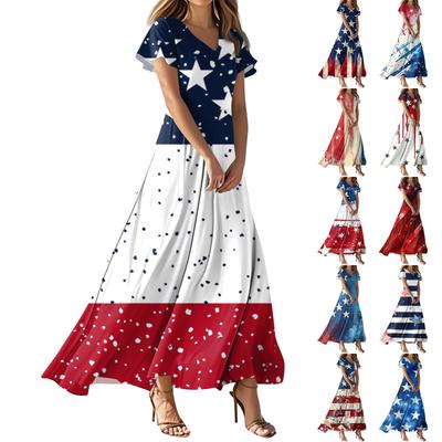 Women's Summer Casual Fashion Independence Day Printed Dresses V-Neck Short Sleeve Dresses