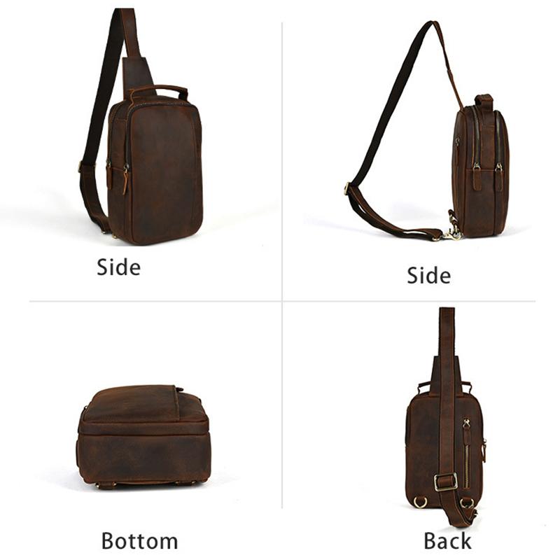 Single Shoulder Chest Bags Classic Retro Style Brown Genuine Leather Cowhide Men's Sling Bag Multiple Zippers Adjustable Strap