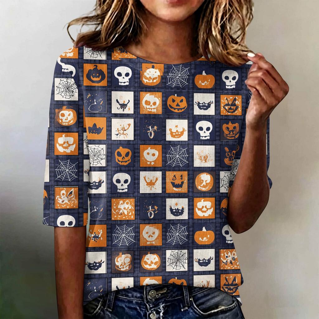 Women's Casual Loose Fit Half Sleeve Top Round Neck Lightweight Comfortable Shirt with Pumpkin Print Suitable for Everyday Wear