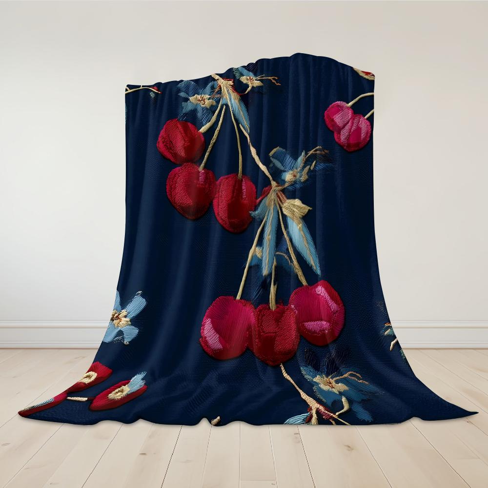 Velvet Cherry Embroidery Flannel Blanket Warm Soft Halloween Christmas Couch Warm Cozy Decorative Decor Gift for All Season
