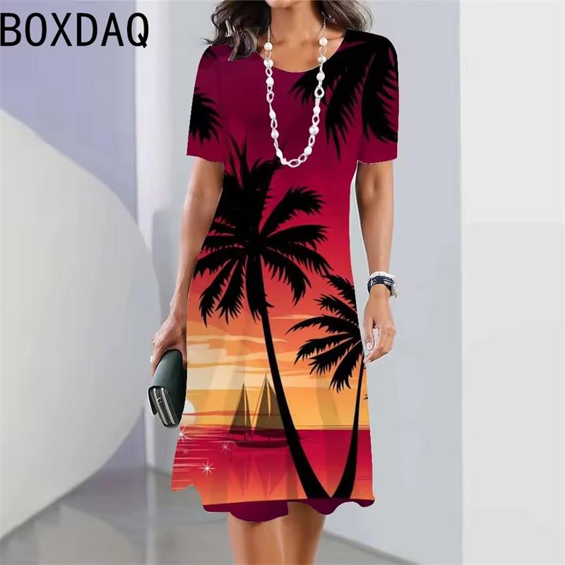 3D Hawaii Coconut Tree Print A-Line Dress Women Summer Beach Elegant Boho A-Line Dress Big Size Short Sleeve O-Neck Casual Dress