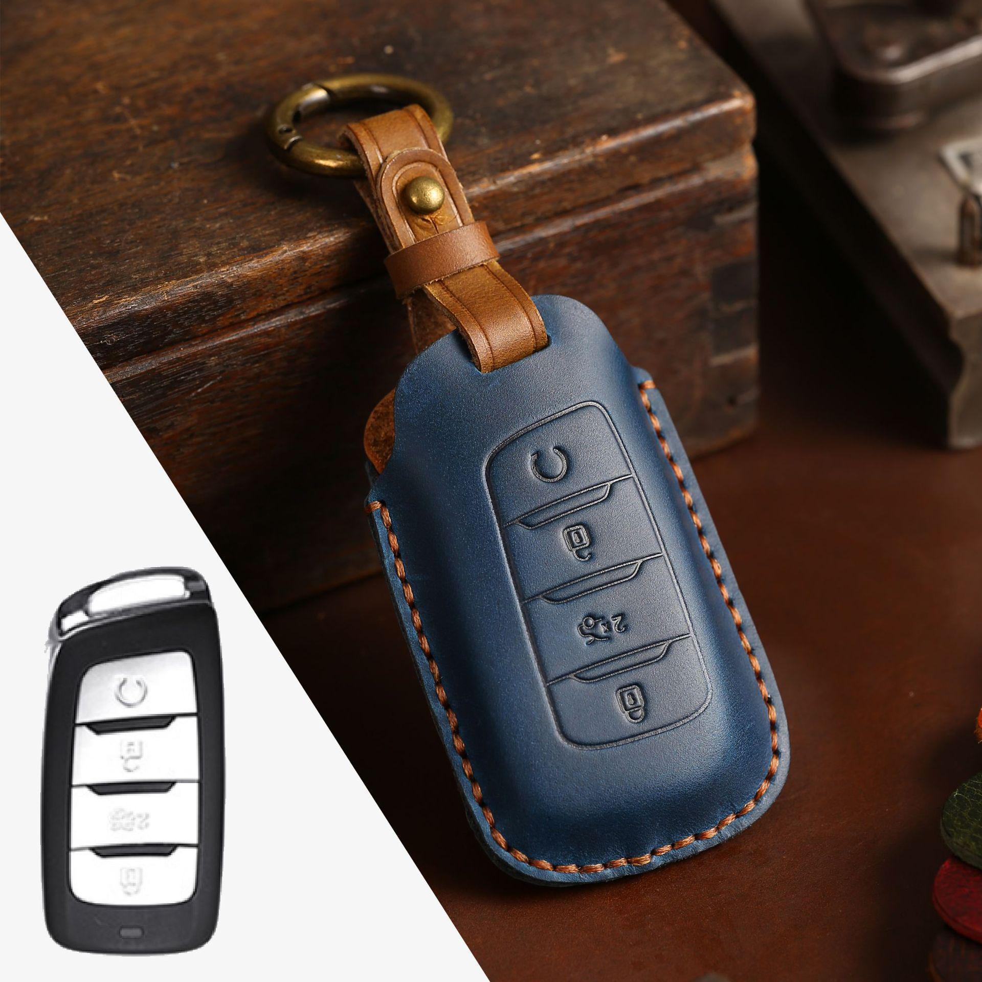 

Чехол для автомобильного ключа ручной работы из кожи Crazy Horse для Changan – Douyin Style синий