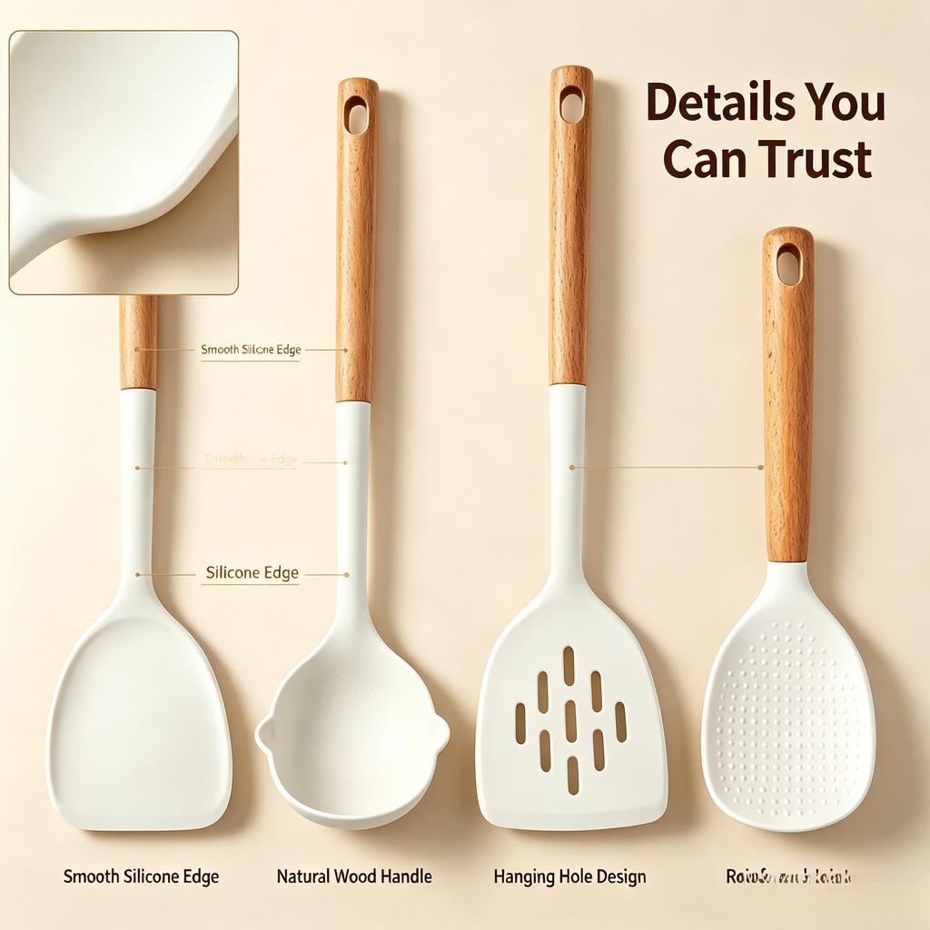 Food Grade Silicone Kitchen Utensils Set Beech Wood Handle Heat Resistant Non-Stick Cookware Spatula Spoon Whisk Tongs
