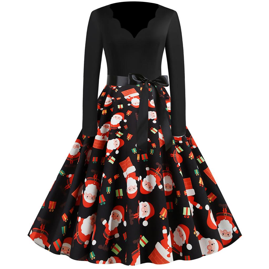 Women's Fashion Long Sleeve Christmas Round Neck Print Hem Dress